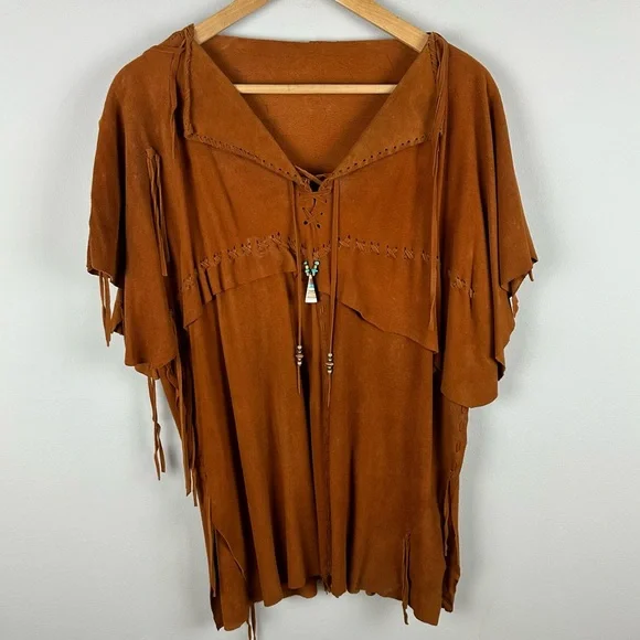 Vintage Rust Suede Fringe Poncho Top with Beaded Detail - Picture 2 of 5